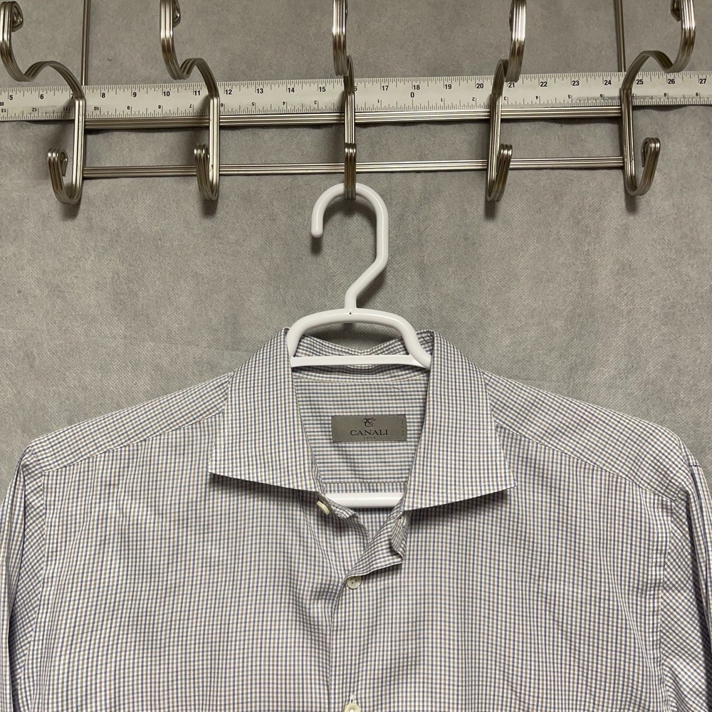 Canali Shirt Men 16 1/2 L Blue Check Italy Button Up Casual Dress Academia EU 42